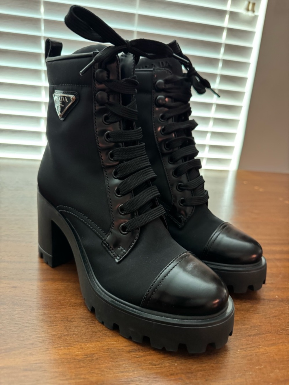 Prada Re-nylon Brixxen leather booties Black Lace-Up Chunky Lug Heel Boots sz36